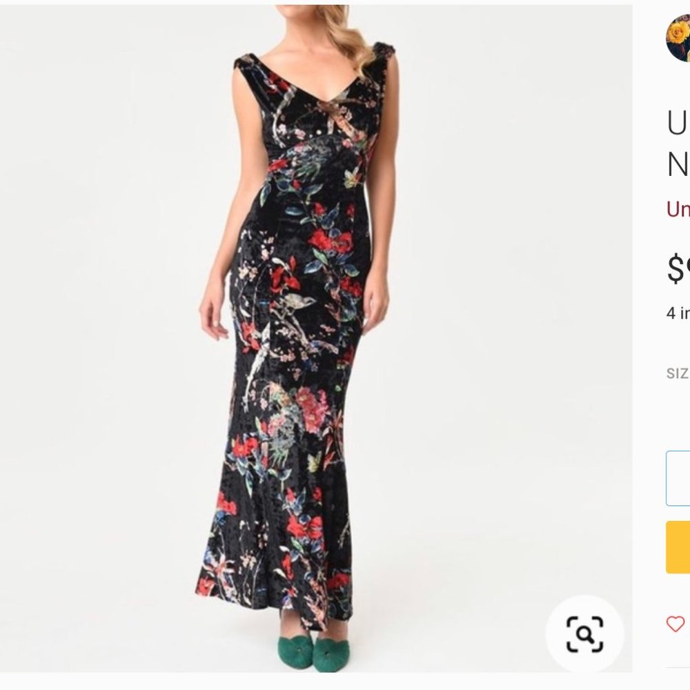 Unique Vintage 1930s Style Black & Floral Sleeveless Velvet Goldwyn Gown - M/6-8